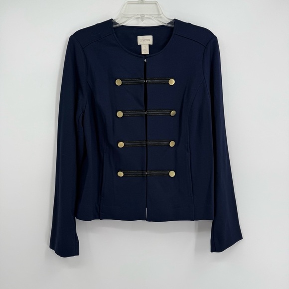 Chicos women Blazer jacket navy blue military Size 1 (M) Rayon gold buttons - Picture 8 of 8